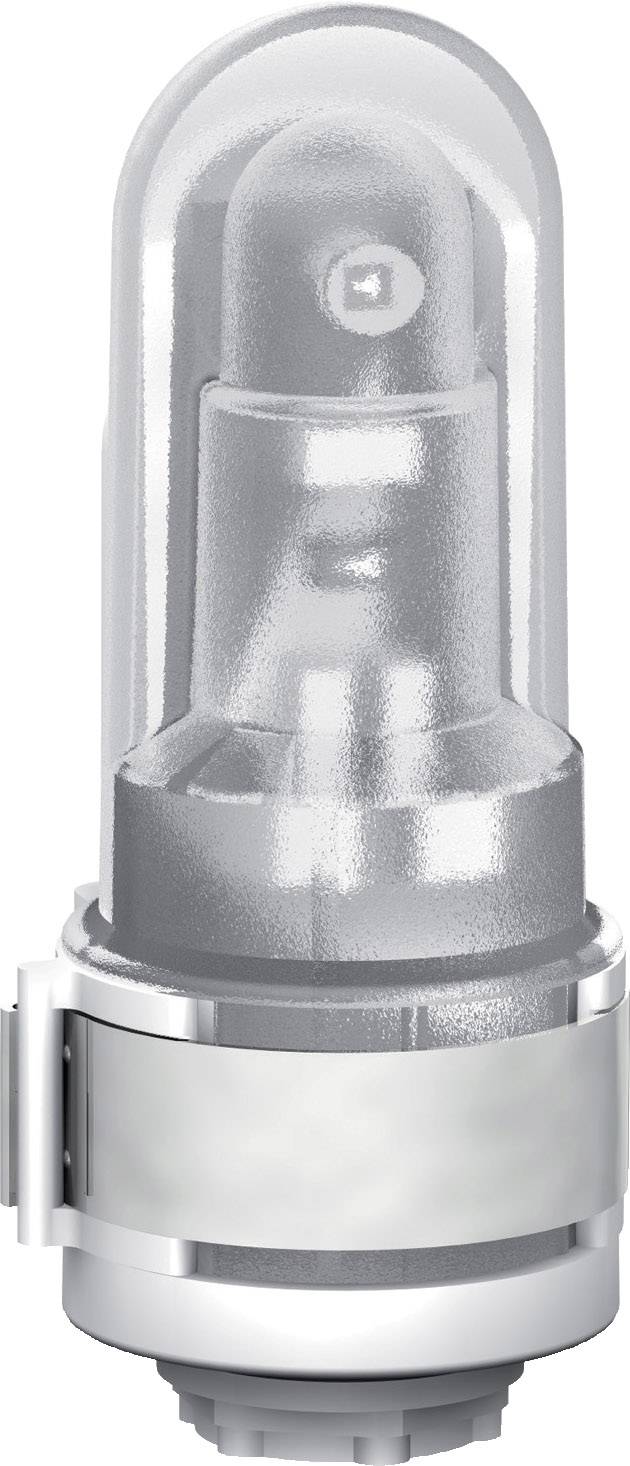 Malá strieborná autolampička so svetlým sklom a kovovým obalom, čiastočne priehľadná pre pohľad na LED svetelný prvok.