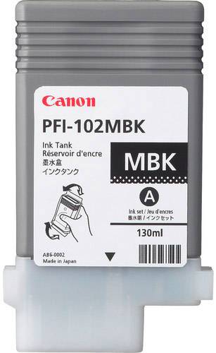 Sivá atramentová nádrž pre tlačiarne Canon, model PFI-102MBK, s kapacitou 130 ml. Obsahuje matne čiernu atramentovú náplň; „Vyrobené v Japonsku".