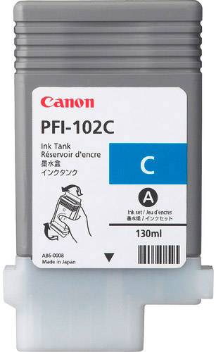 Sivá atramentová náplň Canon, model PFI-102C, s kapacitou 130 ml. Obsahuje modrý atrament. Na náplni je vytlačený nápis 'Vyrobené v Japonsku'.