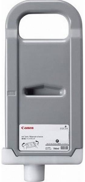Atramentová kazeta Canon v obdĺžnikovom tvare s rukoväťou a výlevkou. Šedý kryt s bielou etiketou a logom Canon.