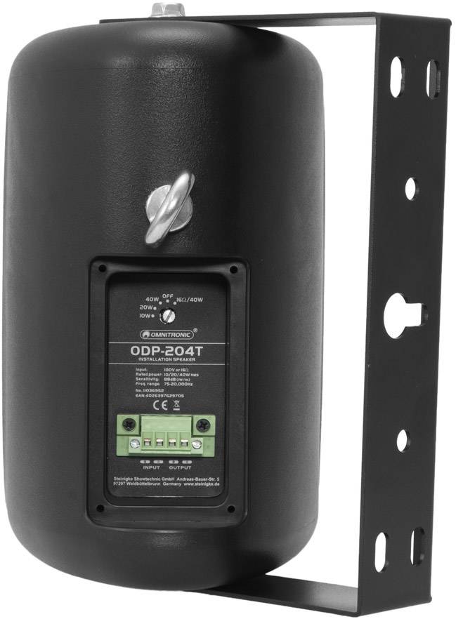 Stenový reproduktor s čiernym krytom, namontovaný zboku. Zobrazuje modelové číslo ODP-204T a pripojovacie svorky na prednej strane.