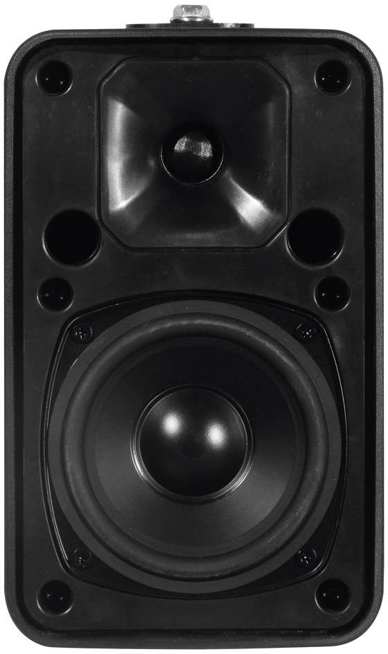 Čierny reproduktor s dvoma viditelnými reproduktormi, väčším basovým reproduktorom dole a menším výškovým reproduktorom hore.