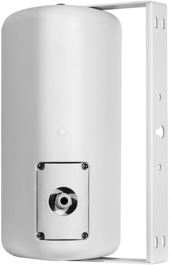 Valcové strieborné zariadenie s držiakom na stenu, pravdepodobne tlaková nádoba alebo nádrž, má prípojku v spodnej časti.