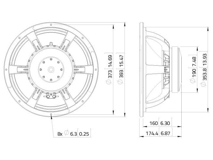 Technický výkres reproduktora s rozmermi: priemer 373 mm, hĺbka 160 mm, priemer skrutiek 6,3 mm.