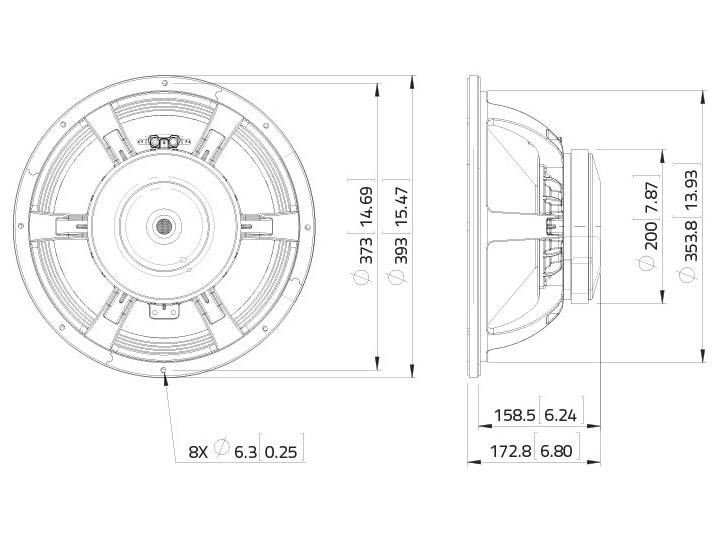 Technický výkres reproduktora s rozmermi: priemer 372,1 mm, hĺbka 200,7 mm. Zobrazuje čelný a bočný pohľad.