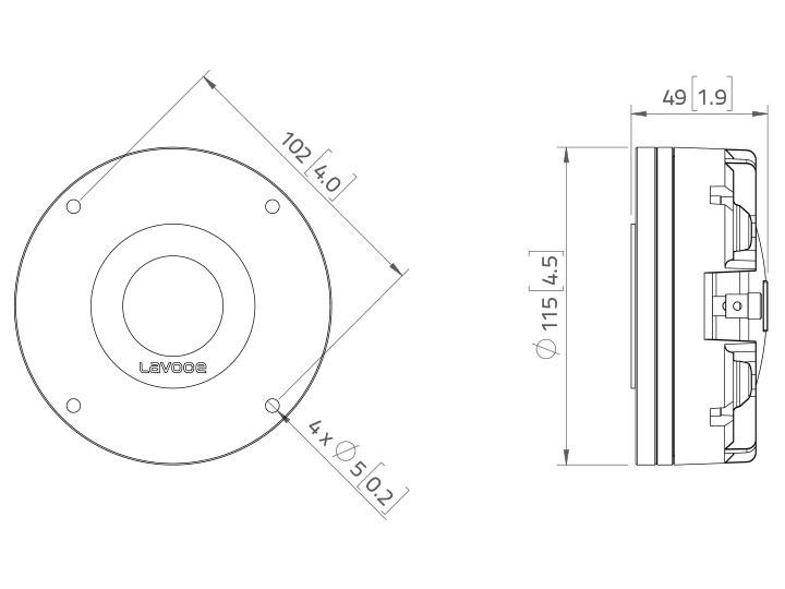 Technický výkres kruhového komponentu s priemetmi 102 mm a 115 mm. Bočný pohľad ukazuje hĺbku 49 mm.
