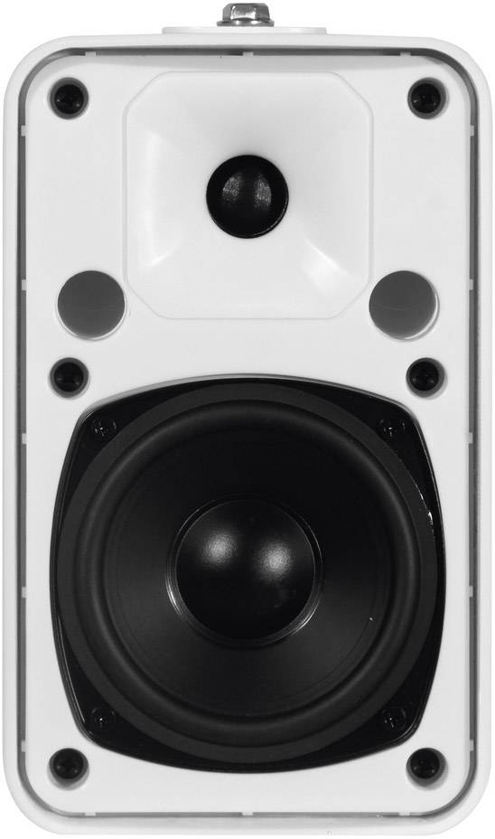 Biely reproduktor s veľkým hlavným reproduktorom a menším výškáčom v hornej časti, zobrazený spredu.