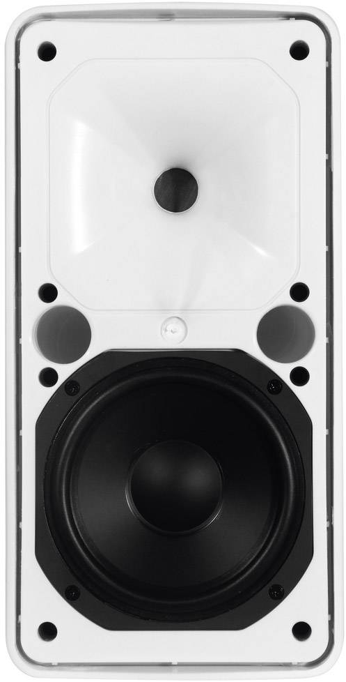Biely reproduktor s viditelnými komponentmi basového a výškového reproduktora, zobrazený spredu.