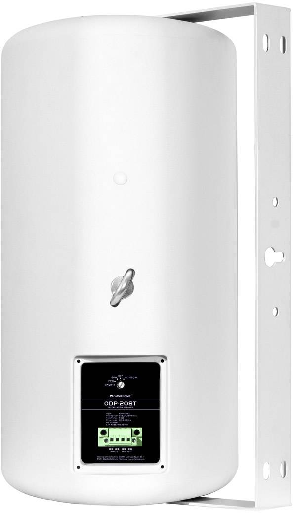 Zobrazenie vertikálneho bieleho ohrievača vody s čiernym ovládacím panelom a držiakmi na stenu.