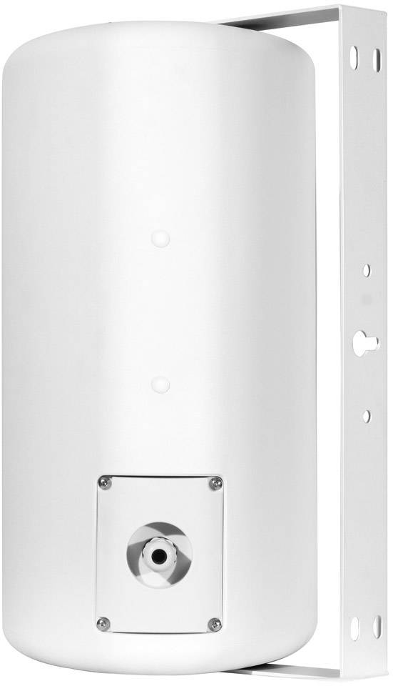 Biely cylindrický vodný tank s držiakom, namontovaný na stene.