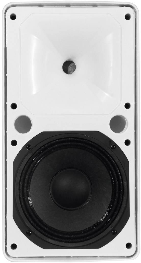 Biely reproduktor s veľkým čiernym basovým reproduktorom a menším výškovým reproduktorom v hornej časti, vertikálne orientovaný.
