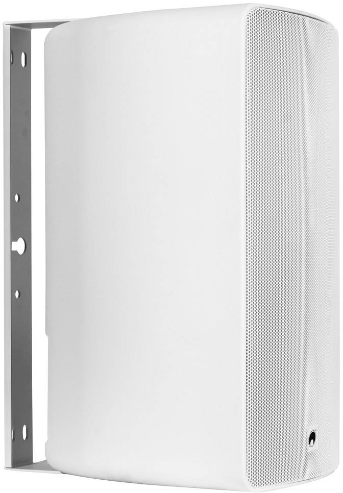 Biela reproduktorová skrinka s držiakom na stenu, vhodná do exteriérov. Dizajn je jednoduchý a moderný.