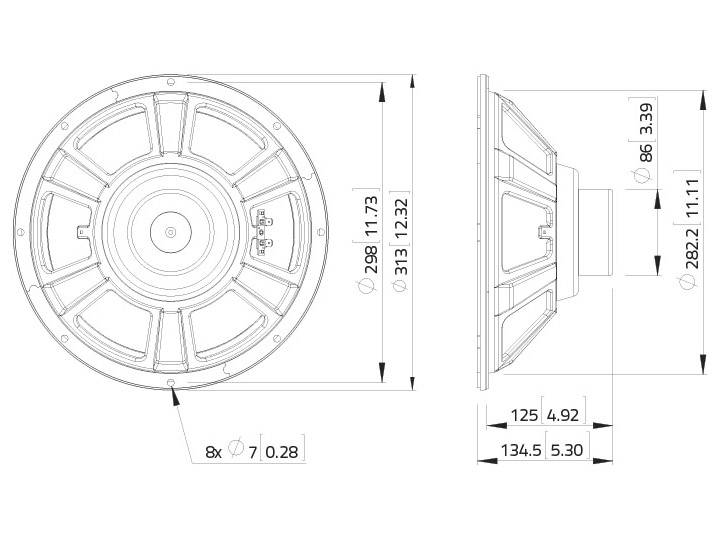 Technický výkres reproduktora s rozmermi: Priemer 313 mm, hĺbka 125 mm. Zobrazuje predný a bočný pohľad s detailnými rozmermi.
