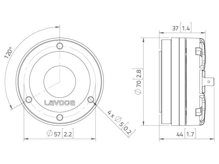 Technický výkres okrúhleho reproduktorového modulu s rozmermi: priemer 70 mm a hĺbka 44 mm. Pohľad spredu a z boku.