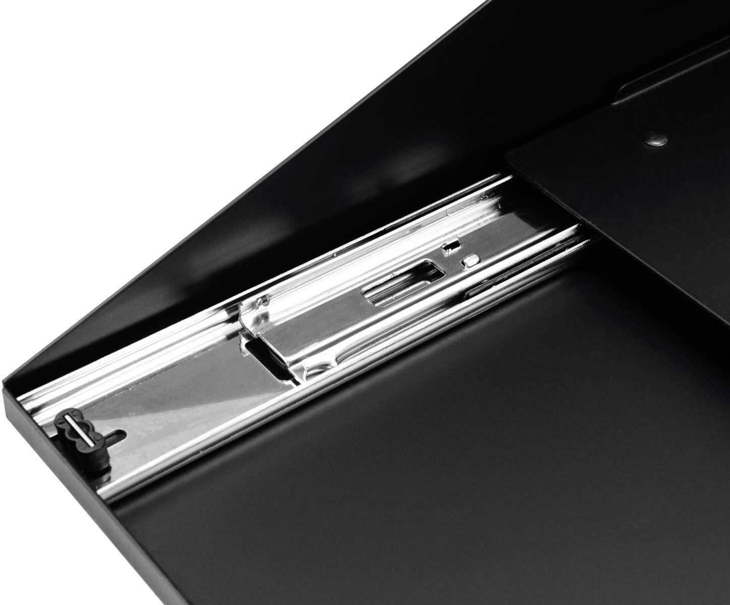 Detailný záber čierneho kovového rámu so posuvným mechanizmom. Vhodný pre zásuvky alebo montáž nábytku.