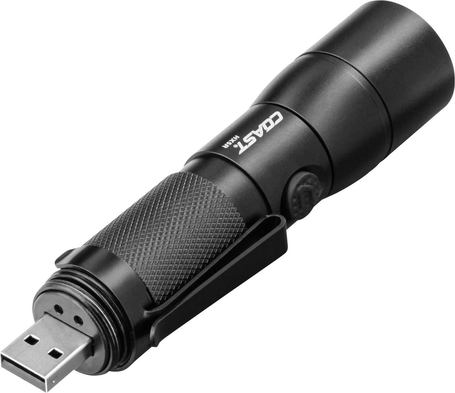 Čierna baterka s USB portom na spodnej strane, vhodná na jednoduché nabíjanie.