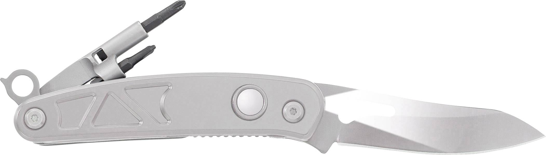 Strieborné vreckové náradie s vyklopeným čepeľou a viacerými skrutkovačovými bitmi v rukoväti, vhodné pre outdoorové použitie.