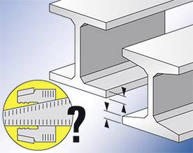 Diagram znázorňuje dva kovové nosníky s meracím pásmom a otáznikom vedľa nich, čo predstavuje otázky týkajúce sa veľkosti alebo vzdialenosti.