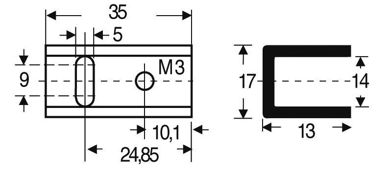 Technický výkres súčiastky s kótami: 35 mm dĺžka, 17 mm výška, 14 mm šírka, s metrickým závitovým otvorom M3 a oválnym podlhovitým otvorom.
