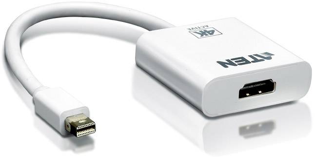 Biely Mini DisplayPort na HDMI adaptér, podporuje rozlíšenie 4K. Vľavo konektor Mini DisplayPort, vpravo zásuvka HDMI.