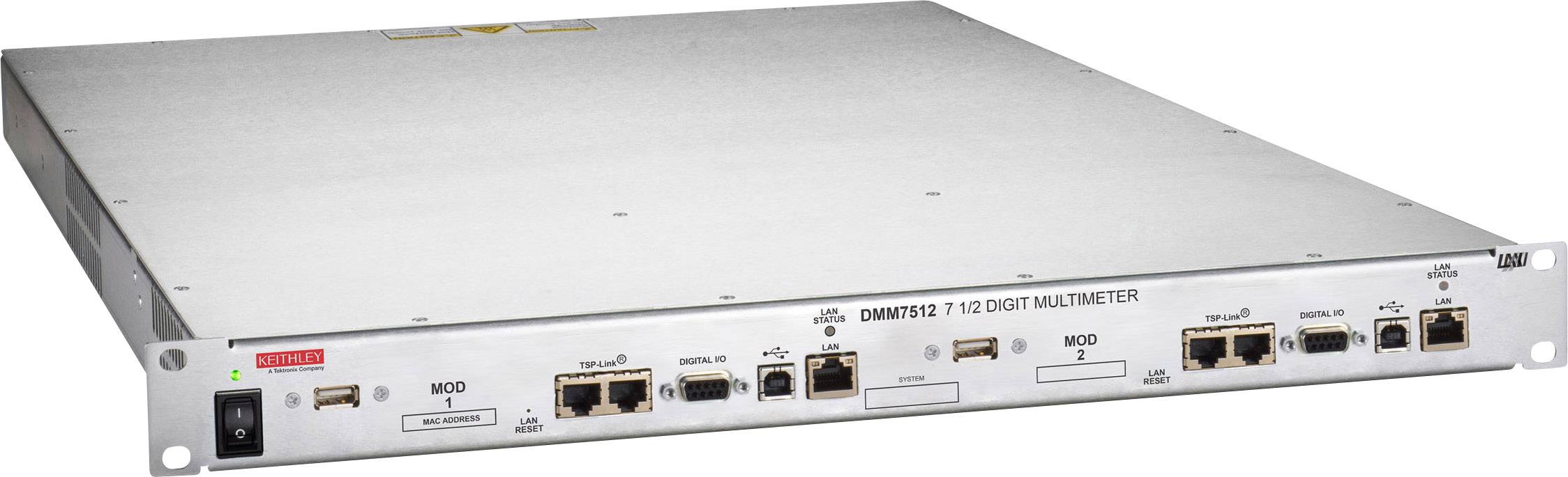 Digitálny multimeter od značky Keithley, model DMM7512, s rôznymi pripojovacími možnosťami na prednej strane.