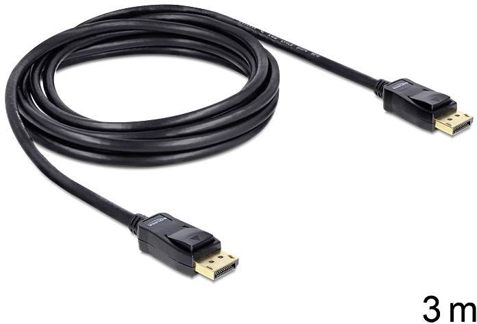 3-metrový čierny DisplayPort kábel s konektorom na každom konci na pripojenie monitorov alebo displejov.