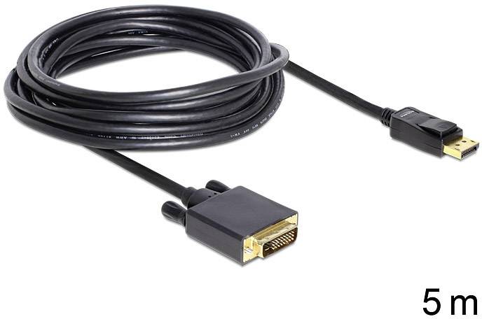 5-metrový kábel s DVI konektorom na jednom konci a DisplayPort konektorom na druhom konci, vhodný pre video pripojenia.