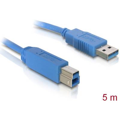 Modré USB kábel s USB-A a USB-B konektormi, dĺžky 5 metrov, zobrazený na bielom pozadí.