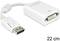 Adaptér 'DeLock' s 22 cm káblom, s konektorom DisplayPort na zásuvku DVI. Biely, kompaktný, určený na video prepojenia medzi zariadeniami.