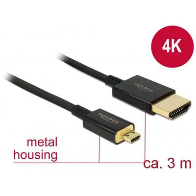Delock HDMI prepojovací kábel Zástrčka HDMI-A, Zástrčka HDMI Micro-D 3.00 m čierna 84784 pozlátené kontakty HDMI kábel