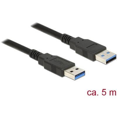 Dva čierne USB konektory s modrými vnútornými stranami ležia vedľa seba. V pravom dolnom rohu je nápis „cca 5 m", ktorý udáva dĺžku kábla.