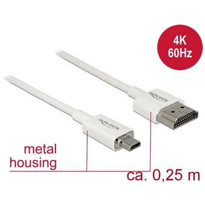 Delock HDMI prepojovací kábel Zástrčka HDMI-A, Zástrčka HDMI Micro-D 0.25 m biela 85147 pozlátené kontakty HDMI kábel