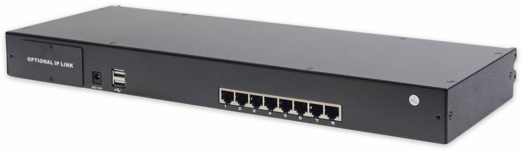 Čierny sieťový switch s ôsmimi ethernetovými portami, USB portom a voliteľným uplink portom na prednej strane.