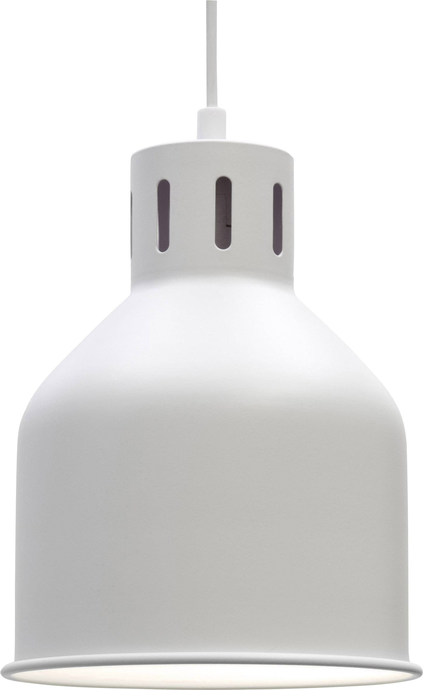 Biela závesná lampa s jednoduchým, moderným dizajnom a vertikálnymi vetracími štrbinami. Ideálna pre minimalistické priestorové usporiadanie.