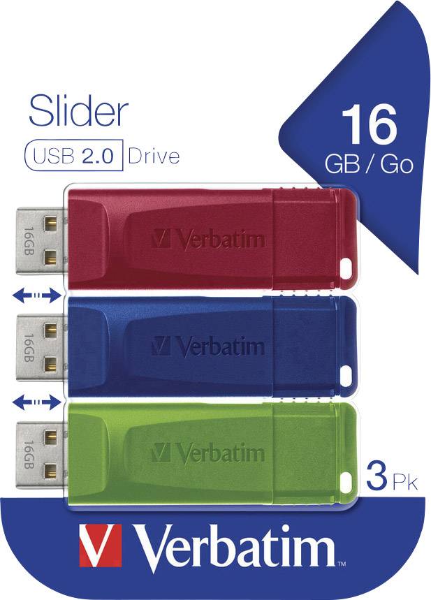 Tri USB kľúče od Verbatimu s kapacitou 16 GB. Farby: Červená, modrá, zelená. Nápis: 'Slider USB 2.0 Drive'. Obsahuje tri kusy.