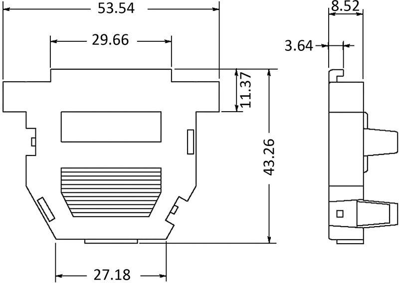 Technický výkres konektora s rozmermi: šírka 53,54 mm, výška 43,26 mm, hĺbka 8,52 mm. Obsahuje bočný pohľad.