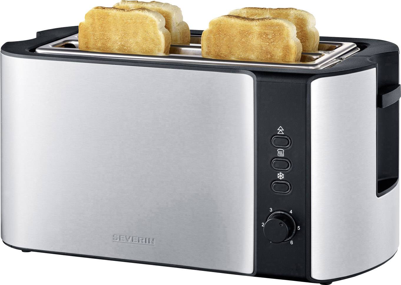 Strieborný hriankovač so štyrmi zlatohnedými toastnými plátkami hore. Vľavo sú ovládacie prvky na nastavenie stupňa opečenia a funkcií.