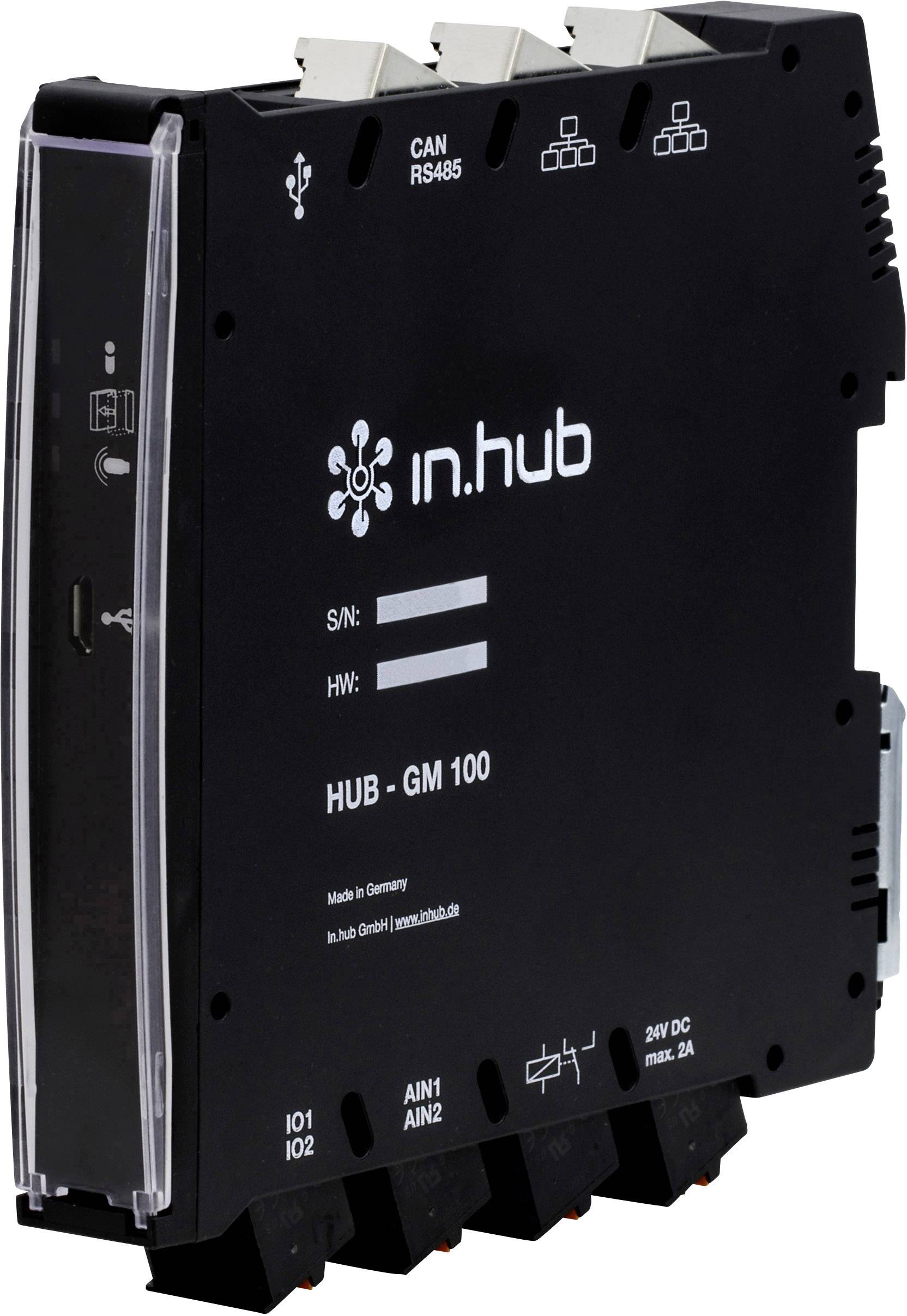 Čierne elektronické zariadenie s prípojkami, s nápisom 'in.hub', model 'HUB - GM 100', vyrobené v Nemecku, spoločnosťou ihb (GmbH).
