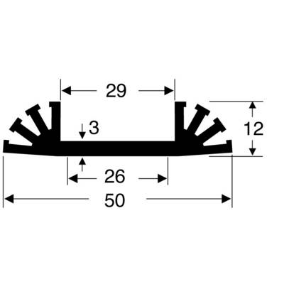 Schematické znázornenie profilu s rozmermi: 50 x 29 x 12 mm. Značky pre menšie prvky sú takisto vyznačené.