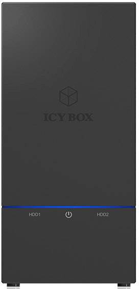 Externý box na pevné disky v čiernej farbe s dvoma pozíciami pre pevné disky, označenými ako 'HDD1' a 'HDD2'.