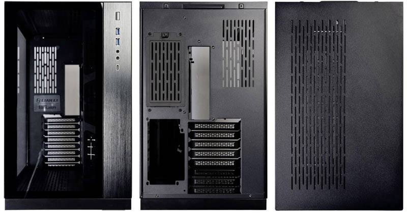 Tri pohľady na počítačovú skrinku: predná strana s USB portami, zadná strana s vetracími otvormi a bočná stena s prehľadným okienkom.