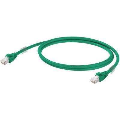 Zelený ethernetový kábel s RJ45 konektormi na oboch koncoch, ktorý sa používa na sieťové pripojenia.