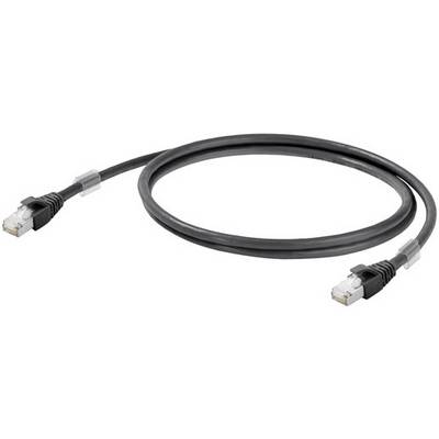 Sieťový kábel, čierny, s dvoma RJ45 konektormi na koncoch, určený na prenos dát v počítačových sieťach.