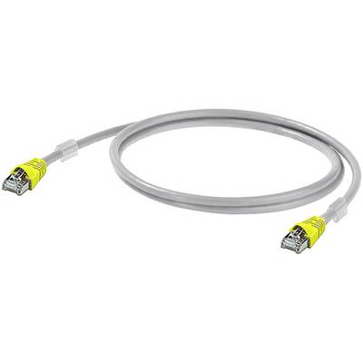 Sivý sieťový kábel so žltými RJ45 konektormi na oboch koncoch. Vhodný pre vysokorýchlostné dátové pripojenia.