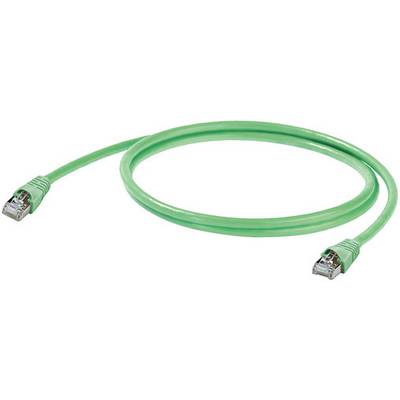 Zelený ethernetový kábel so zásuvkami RJ-45 na oboch koncoch, používaný pre sieťové pripojenia.