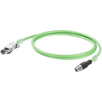 Zelený ethernetový kábel s konektorom M12 na RJ45 konektor, vhodný pre priemyselné aplikácie a sieťové inštalácie.