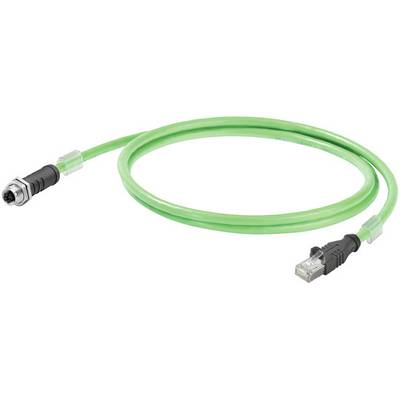 Zelený kábel s čiernym M12 konektorom na jednej strane a RJ45 konektorom na druhej strane, určený pre sieťové aplikácie.
