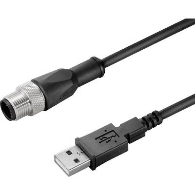 USB adaptérový kábel na M8 zobrazuje USB konektor na jednej strane a M8 konektor na druhej strane, vhodný pre priemyselné použitie.
