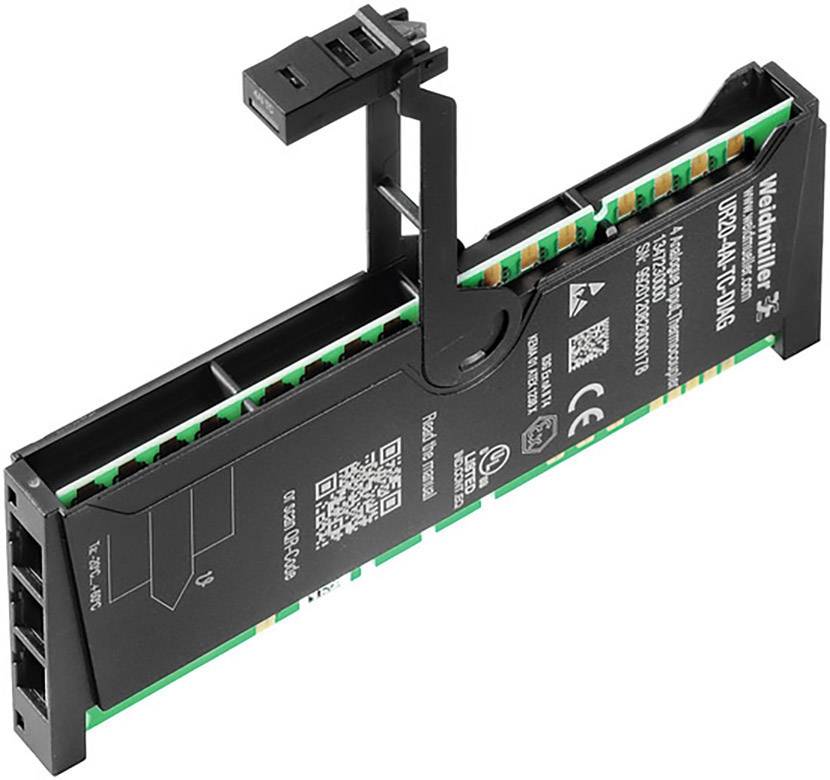 Elektronická súčiastka so zeleným a čiernym obalom, obsahujúca niekoľko konektorov a vytlačené QR kódy spolu s certifikačnými značkami.