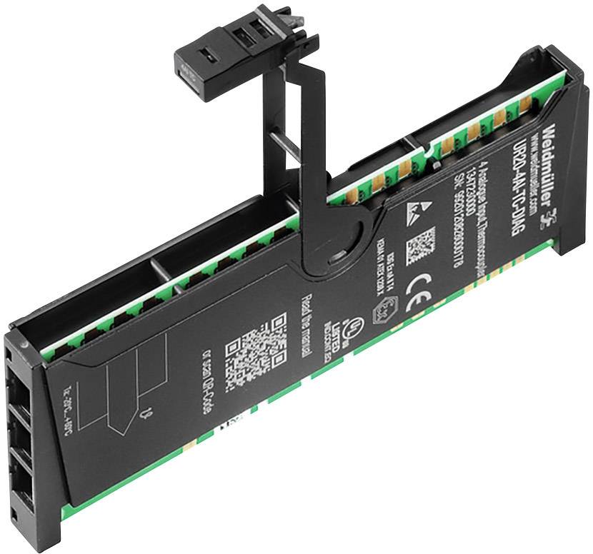 Elektronický istič od spoločnosti Weidmüller s popiskami, QR kódom a pripojeniami, vyrobený z čierneho a zeleného materiálu.